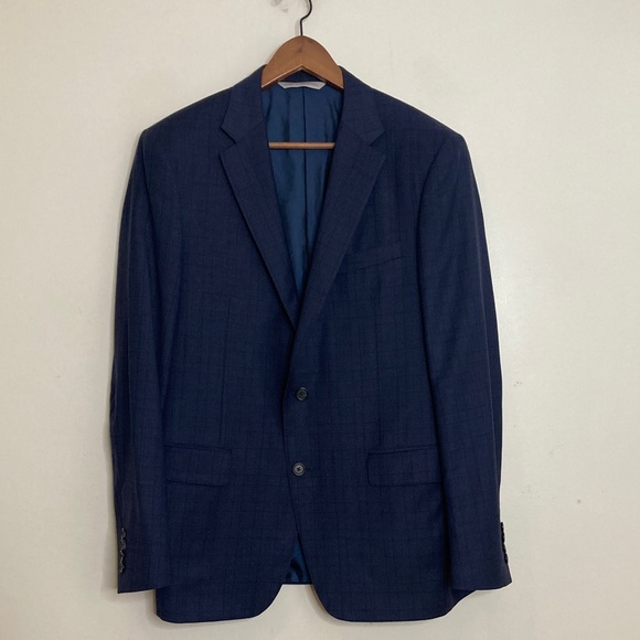 Samuelsohn Suit Mens 42R 36 x 30 Navy Blue Windowpane Wool 2 Piece Blazer Pants - Picture 2 of 16